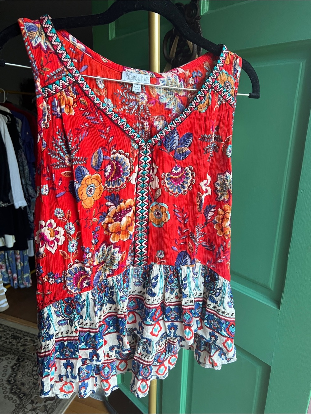 Patrons of Peace Red Floral Sleeveless Boho Camisole Size Medium